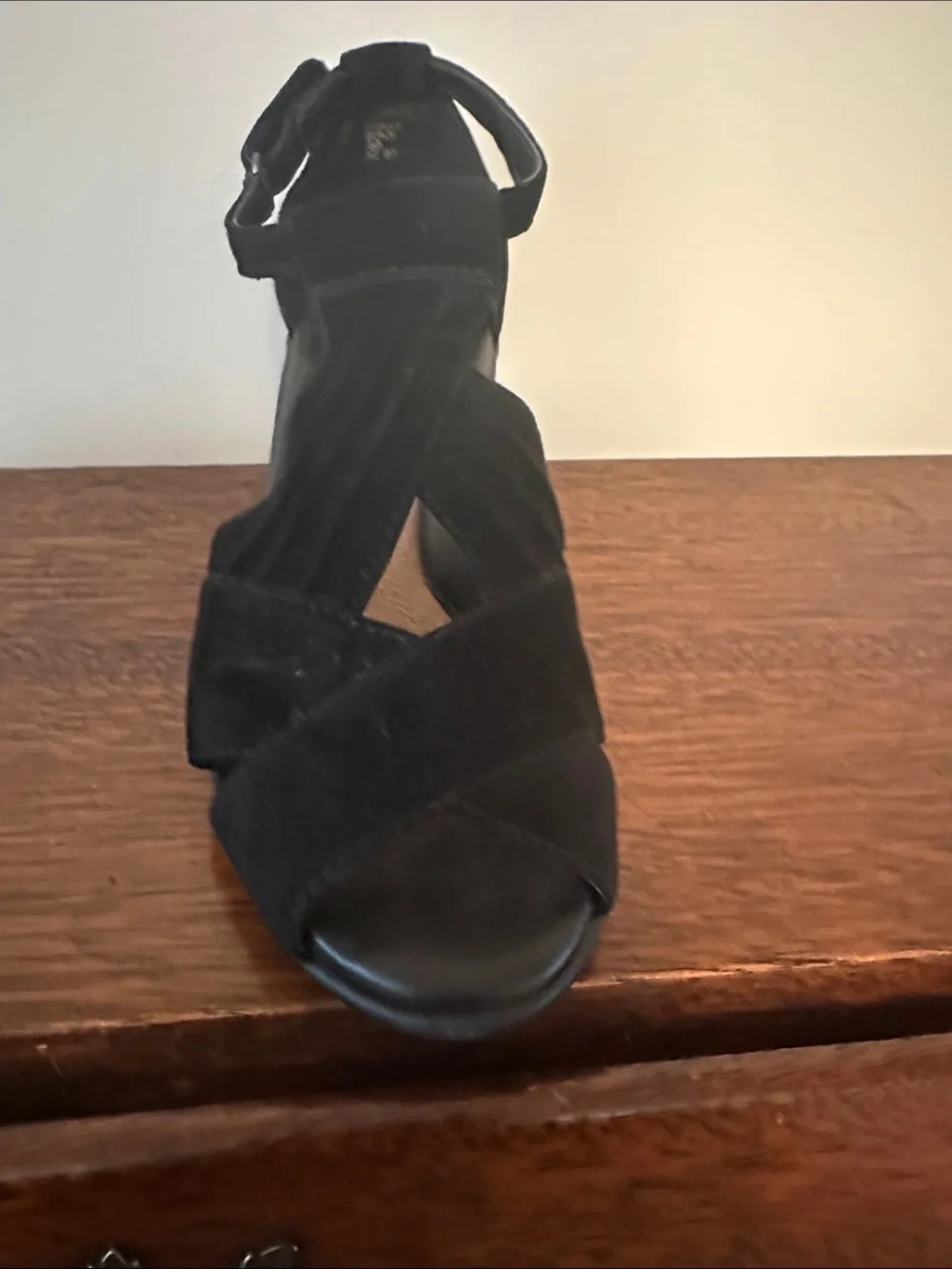 Earth Black Suede Wedge Sandals with Ankle Strap